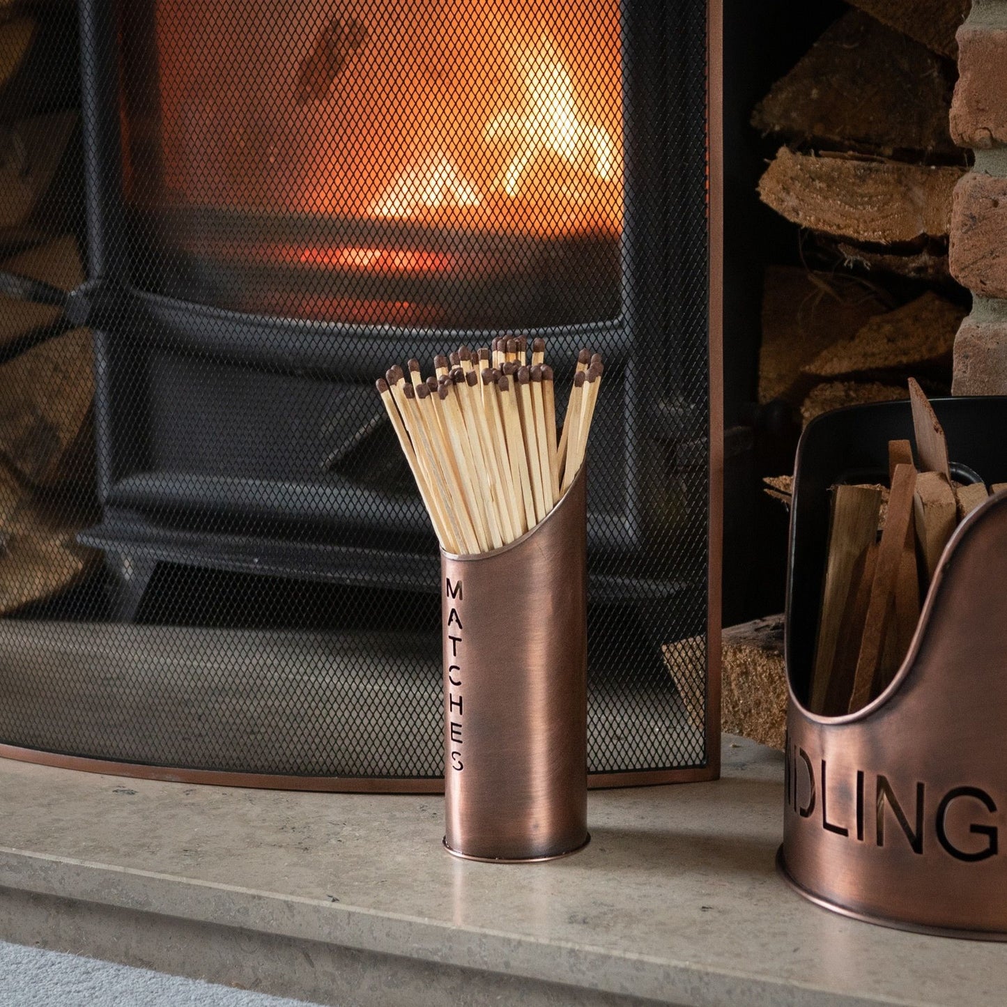 Copper Finish Logs And Kindling Buckets & Matchstick Holder