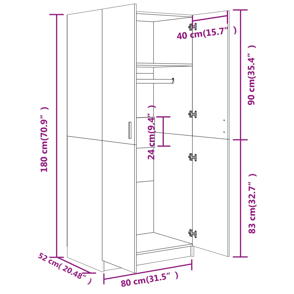 vidaXL Wardrobe Concrete Grey 80x52x180 cm Engineered Wood