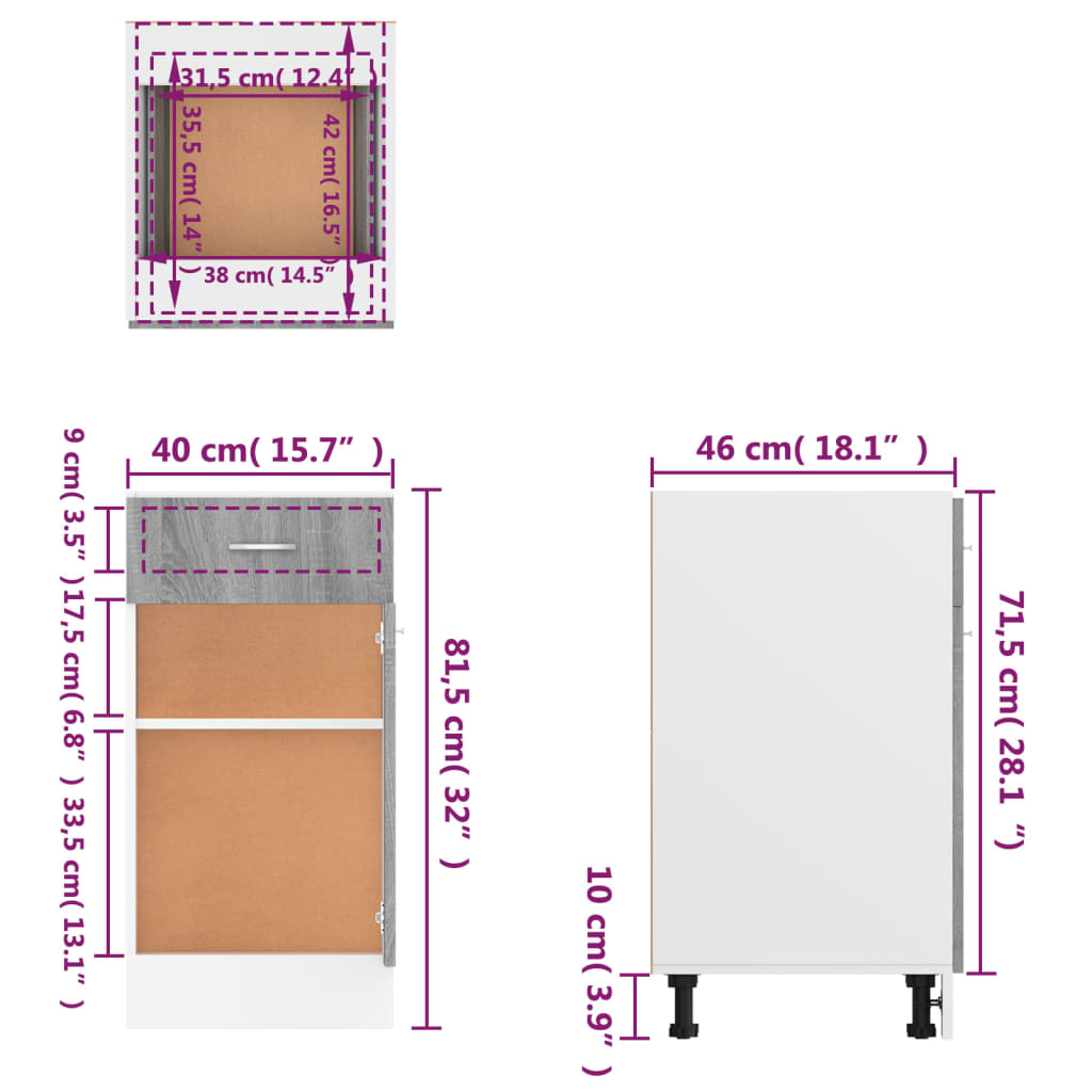 vidaXL Drawer Bottom Cabinet Grey Sonoma 40x46x81.5 cm Engineered Wood