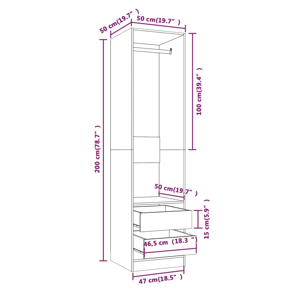 vidaXL Wardrobe with Drawers Smoked Oak 50x50x200 cm Engineered Wood