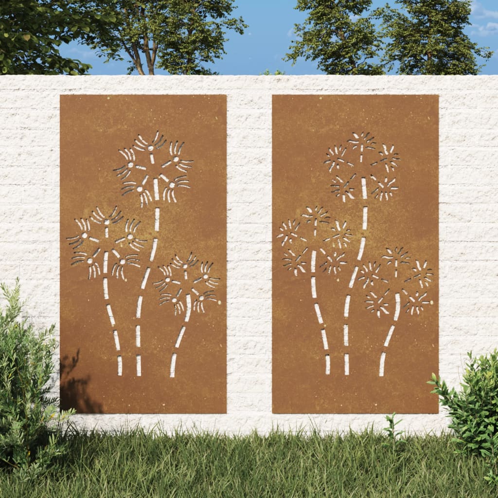 vidaXL Garden Wall Decorations 2pcs 105x55cm Corten Steel Flower Design at Willow and Wine!