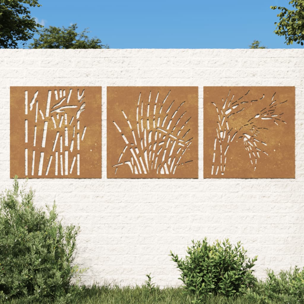 vidaXL Garden Wall Decorations 3 pcs 55x55 cm Corten Steel Grass Design at Willow and Wine!