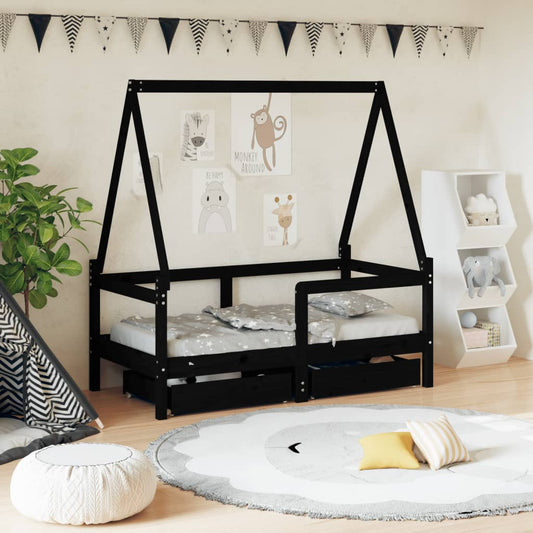 vidaXL Kids Bed Frame with Drawers Black 70x140 cm Solid Wood Pine at Willow and Wine!