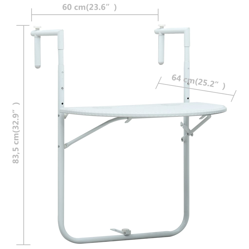 vidaXL Hanging Balcony Table White 60x64x83.5 cm Plastic Rattan Look