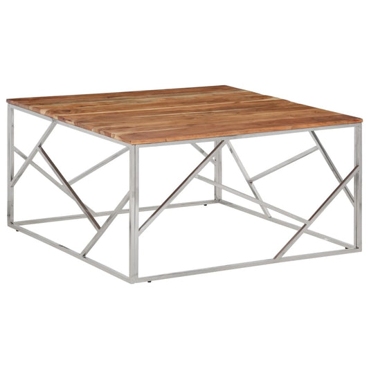 vidaXL Coffee Table Silver Stainless Steel and Solid Wood Acacia at Willow and Wine!