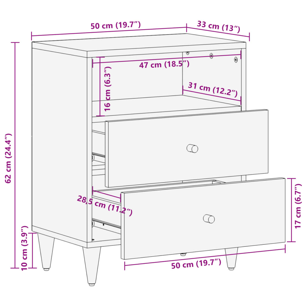 vidaXL Bedside Cabinet 50x33x62 cm Solid Wood Mango