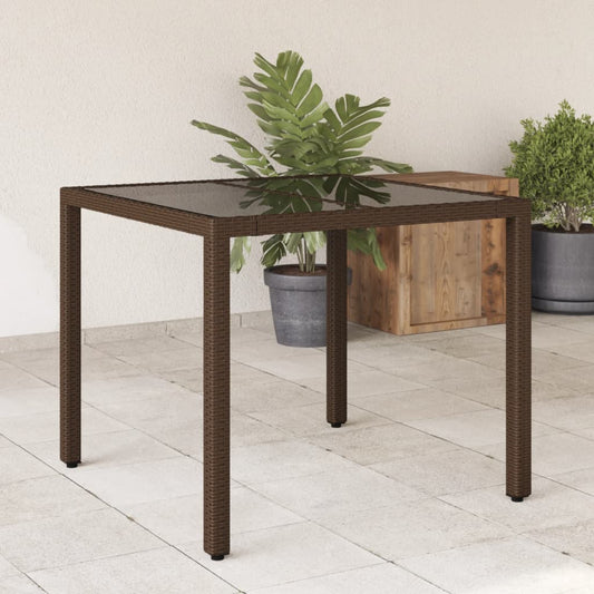 vidaXL Garden Table with Glass Top Brown 90x90x75 cm Poly Rattan at Willow and Wine!