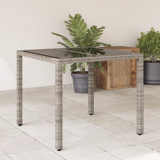 vidaXL Garden Table with Glass Top Grey 90x90x75 cm Poly Rattan at Willow and Wine!