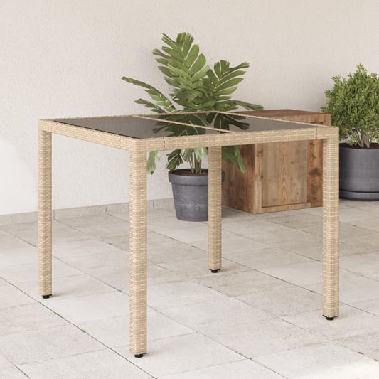 vidaXL Garden Table with Glass Top Beige 90x90x75 cm Poly Rattan at Willow and Wine!