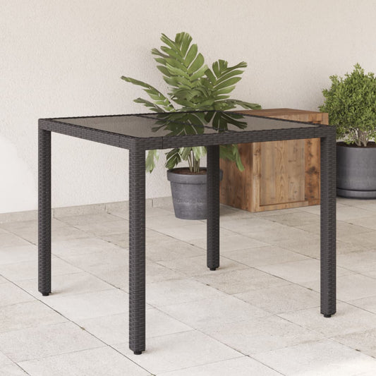 vidaXL Garden Table with Glass Top Black 90x90x75 cm Poly Rattan at Willow and Wine!