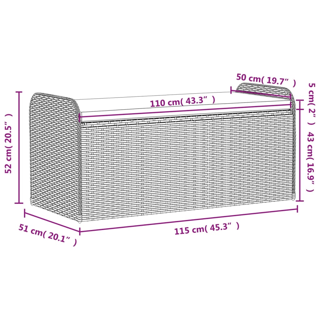 vidaXL Storage Bench with Cushion Brown 115x51x52 cm Poly Rattan