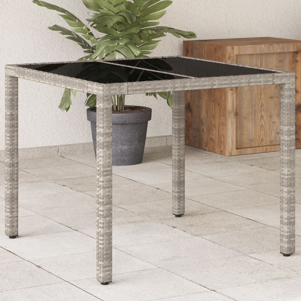 vidaXL Garden Table with Glass Top Light Grey 90x90x75 cm Poly Rattan at Willow and Wine!