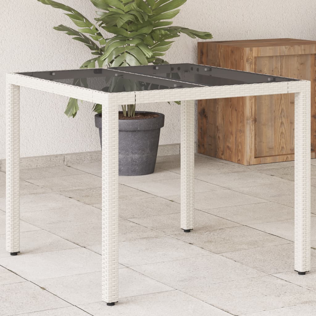 vidaXL Garden Table with Glass Top White 90x90x75 cm Poly Rattan at Willow and Wine!