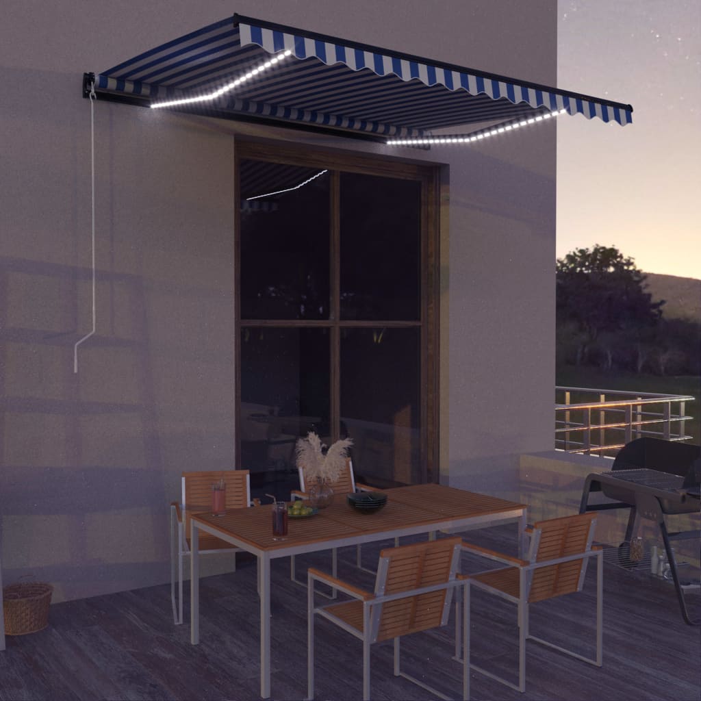 vidaXL Manual Retractable Awning with LED 400x300 cm Blue and White at Willow and Wine!