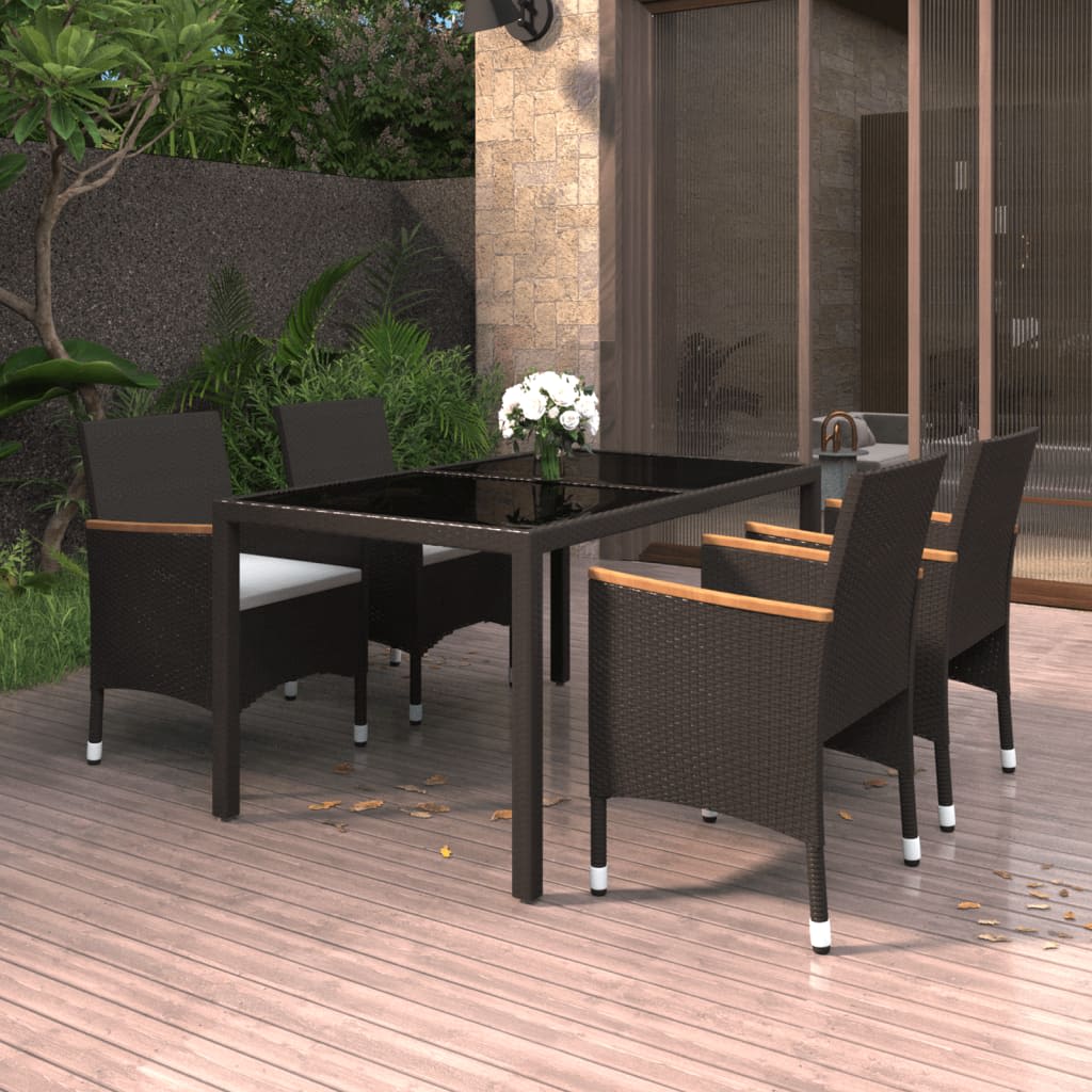 vidaXL 5 Piece Garden Dining Set Poly Rattan and Tempered Glass Black at Willow and Wine!