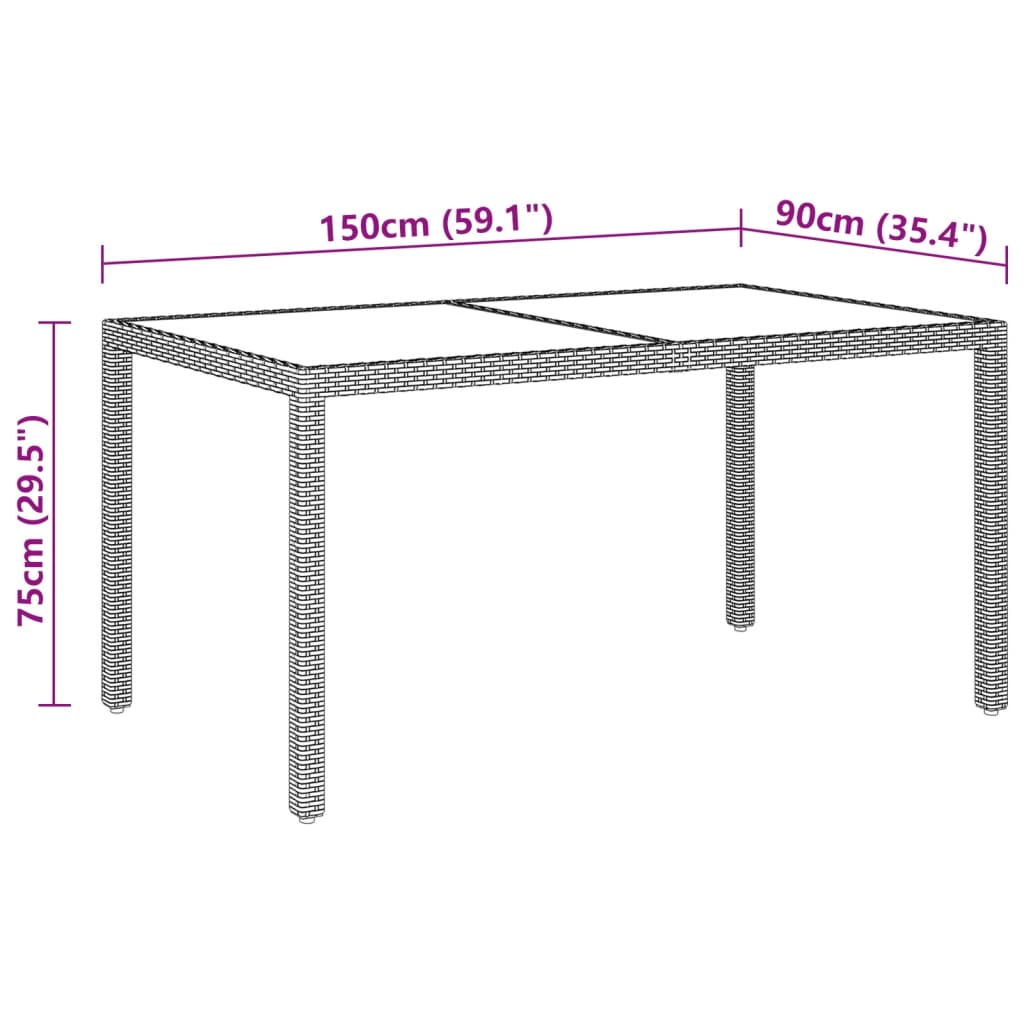 vidaXL Garden Table 150x90x75 cm Tempered Glass and Poly Rattan Black