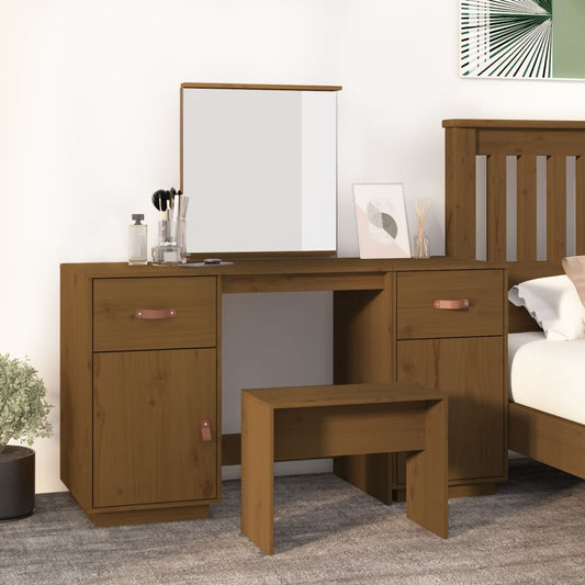 vidaXL Dressing Table Set with a Mirror Honey Brown Solid Wood Pine at Willow and Wine!