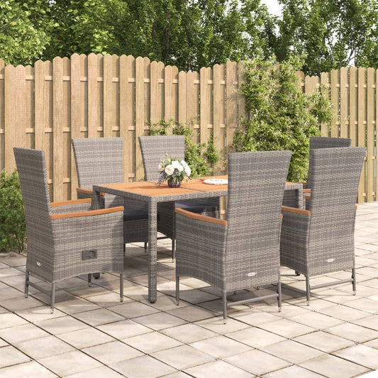 vidaXL 7 Piece Garden Dining Set Grey Poly Rattan&Solid Wood Acacia at Willow and Wine!