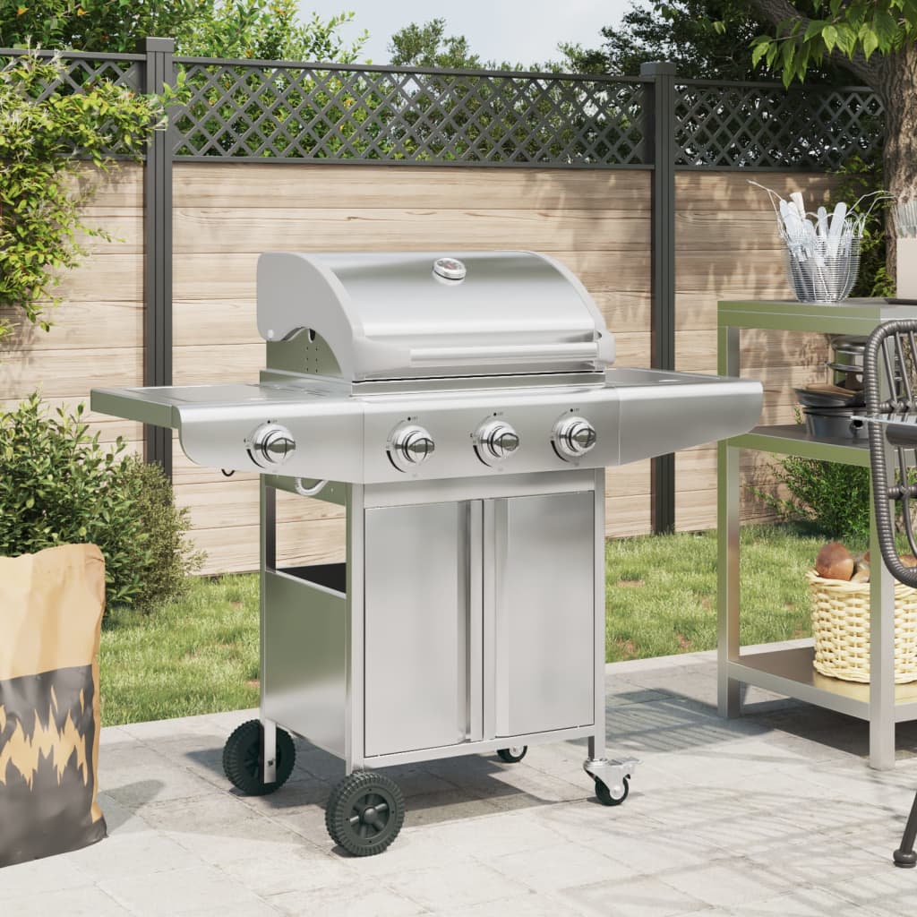 vidaXL Gas BBQ Grill with 4 Burners Silver Stainless Steel