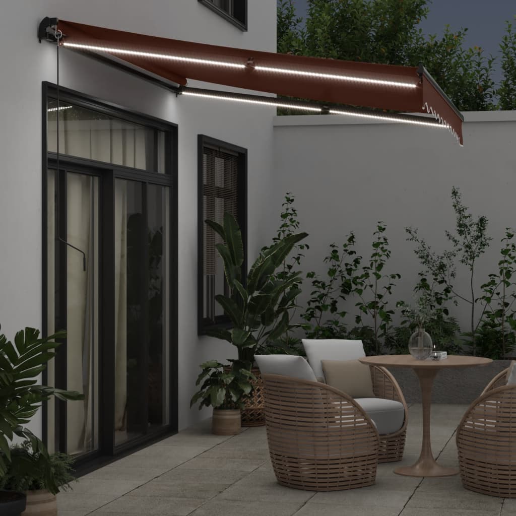 vidaXL Manual Retractable Awning with LED Brown 300x250 cm