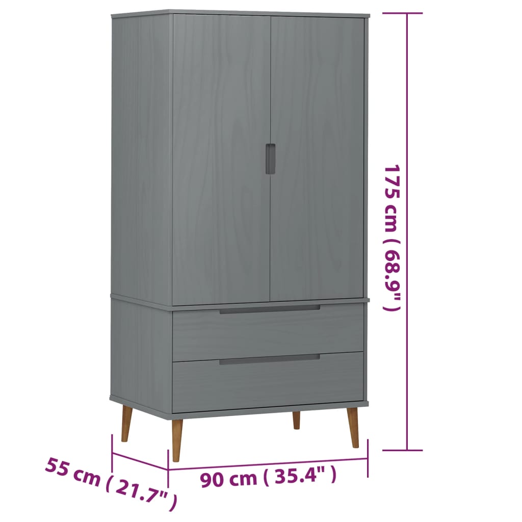 vidaXL Wardrobe MOLDE Grey 90x55x175 cm Solid Wood Pine