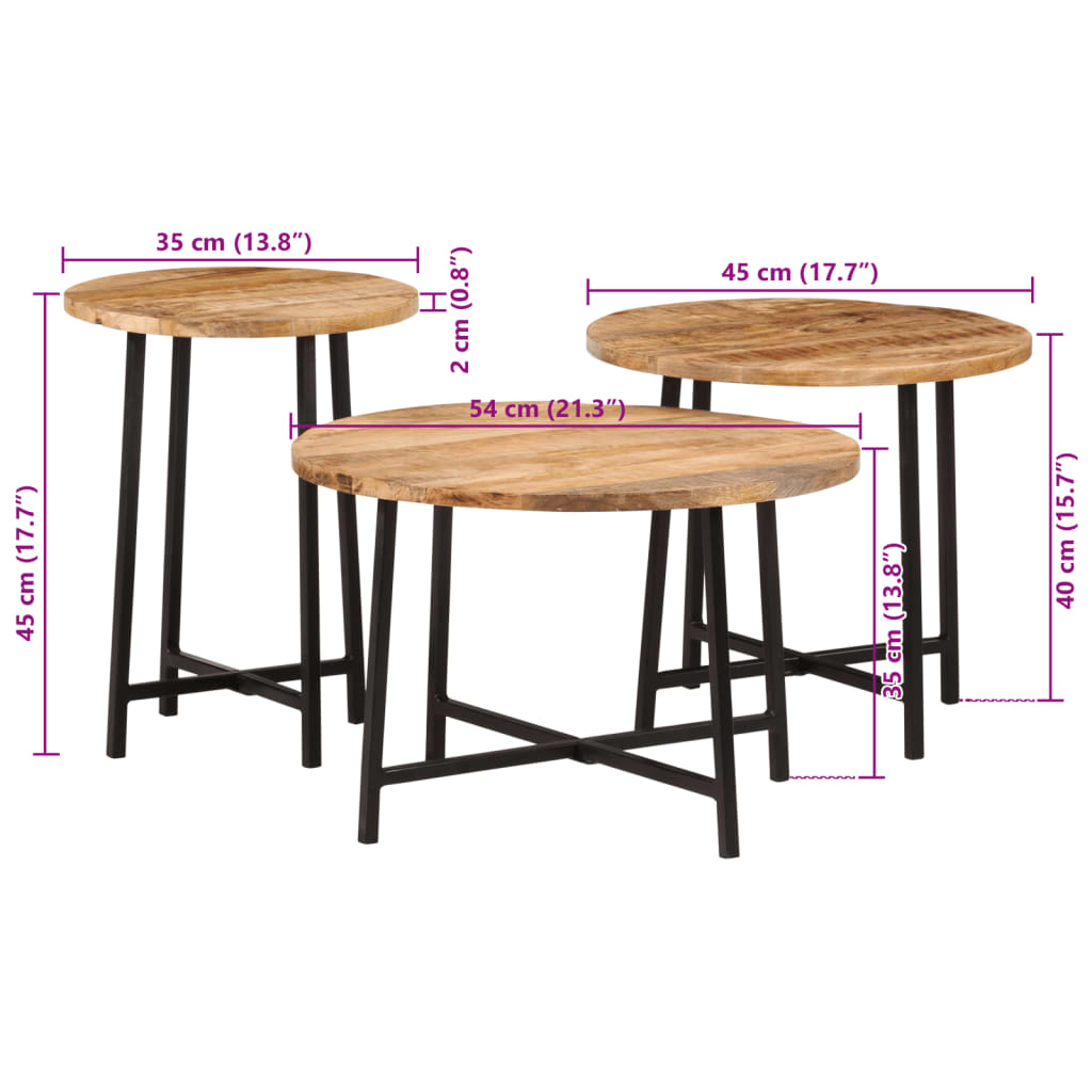 vidaXL Nesting Coffee Tables 3 pcs Solid Wood Mango and Iron