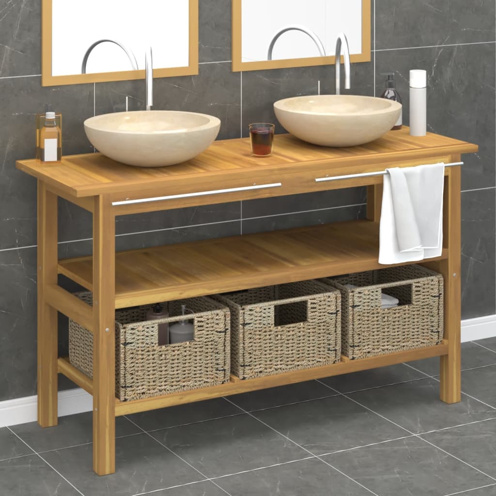 vidaXL Bathroom Vanity Cabinet with Cream Marble Sinks Solid Wood Teak