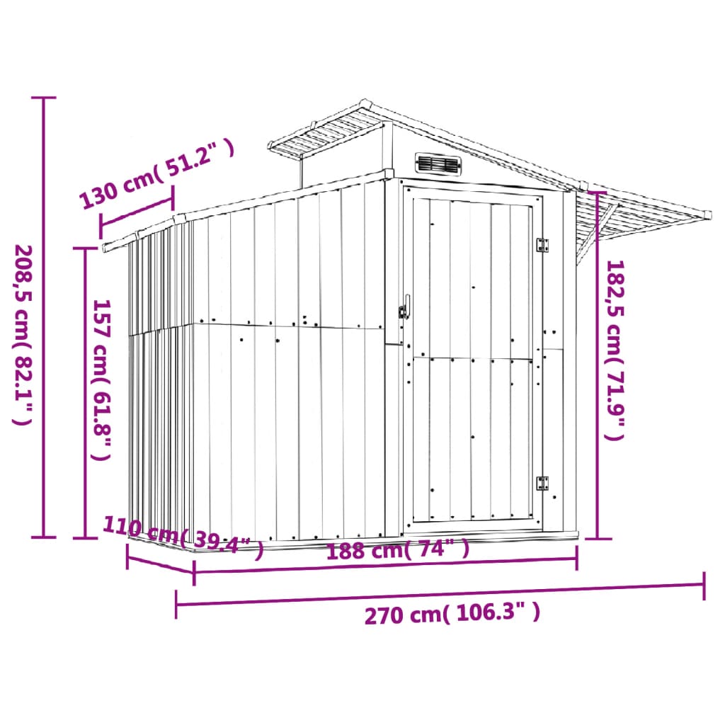 vidaXL Garden Shed Anthracite 270x130x208.5 cm Galvanised Steel