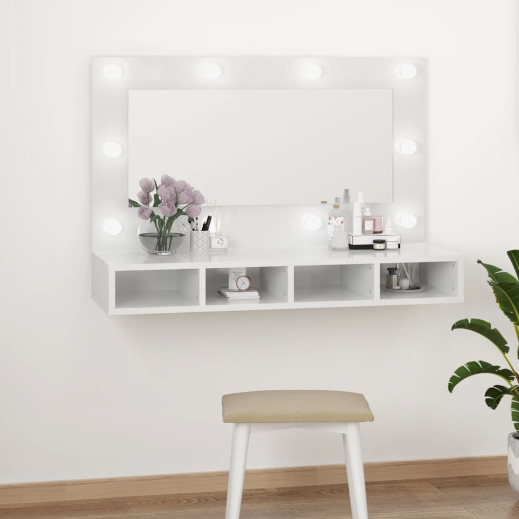 vidaXL Mirror Cabinet with LED High Gloss White 90x31.5x62 cm