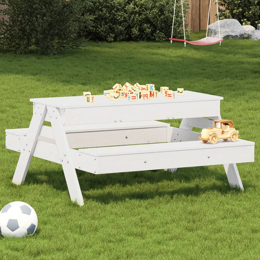 vidaXL Picnic Table with Sandpit for Kids White Solid Wood Pine