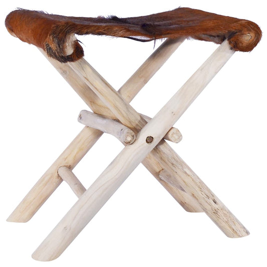 Folding Stool Real Leather and Solid Teak Wood at Willow and Wine