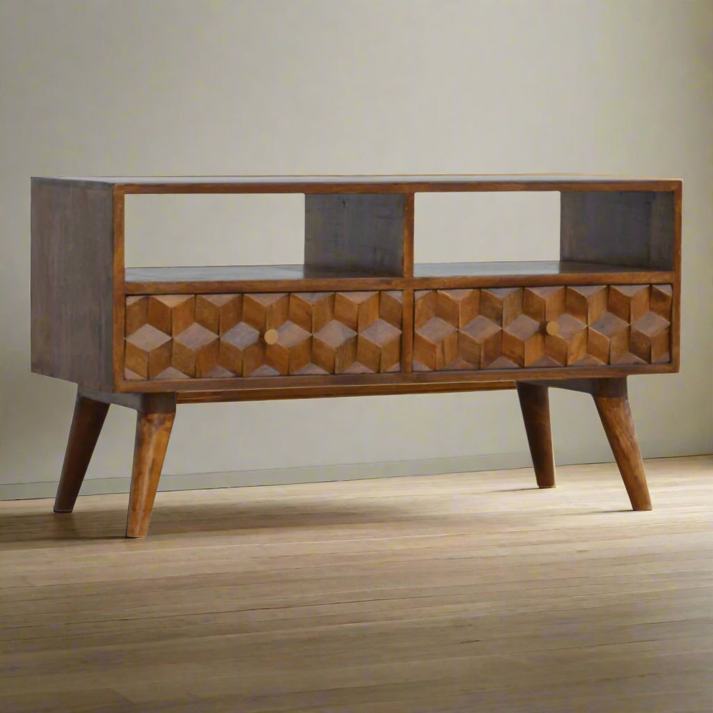 Chestnut Cube Carved TV Unit