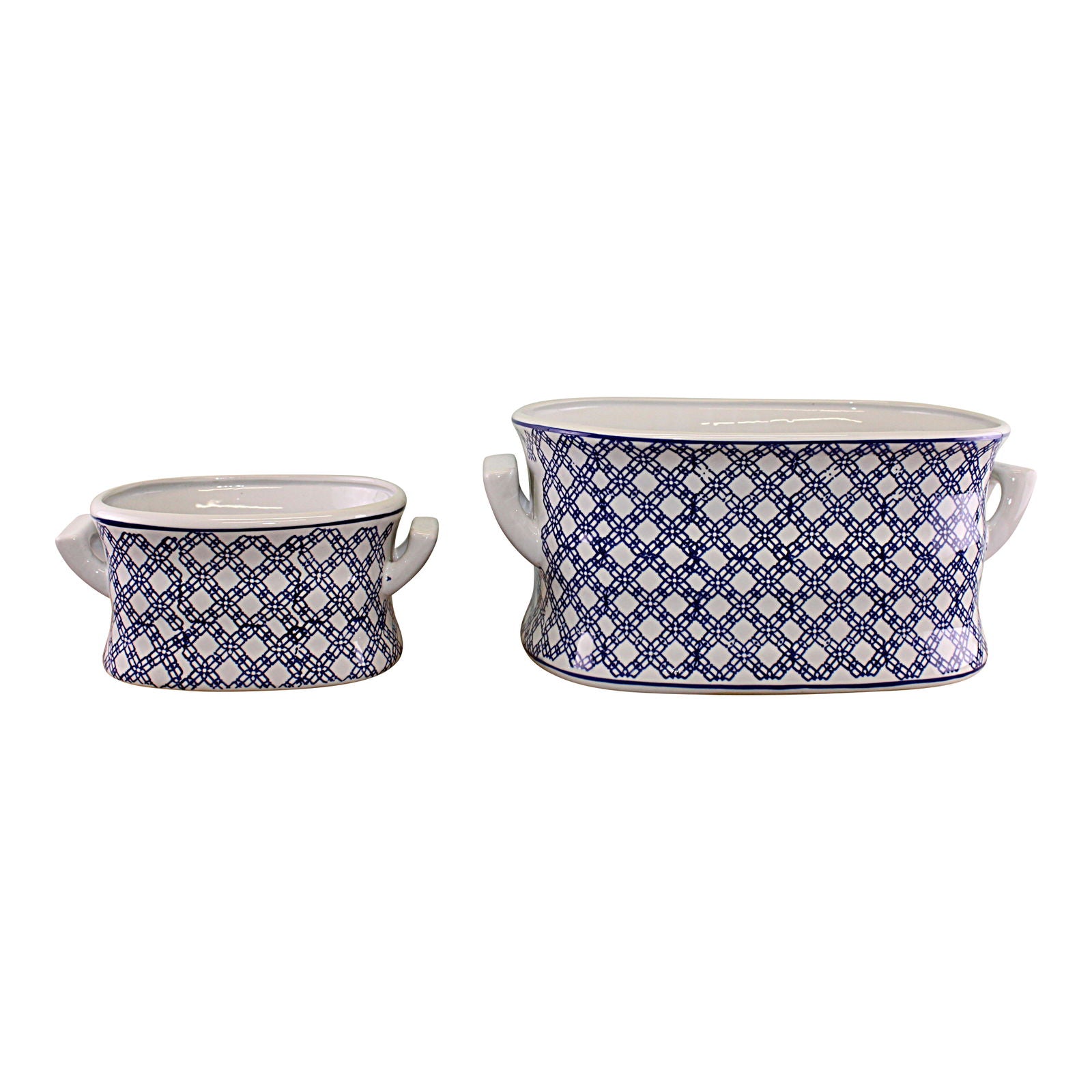 set-of-2-ceramic-footbath-planters-vintage-blue-white-geometric-designat Willow and Wine!