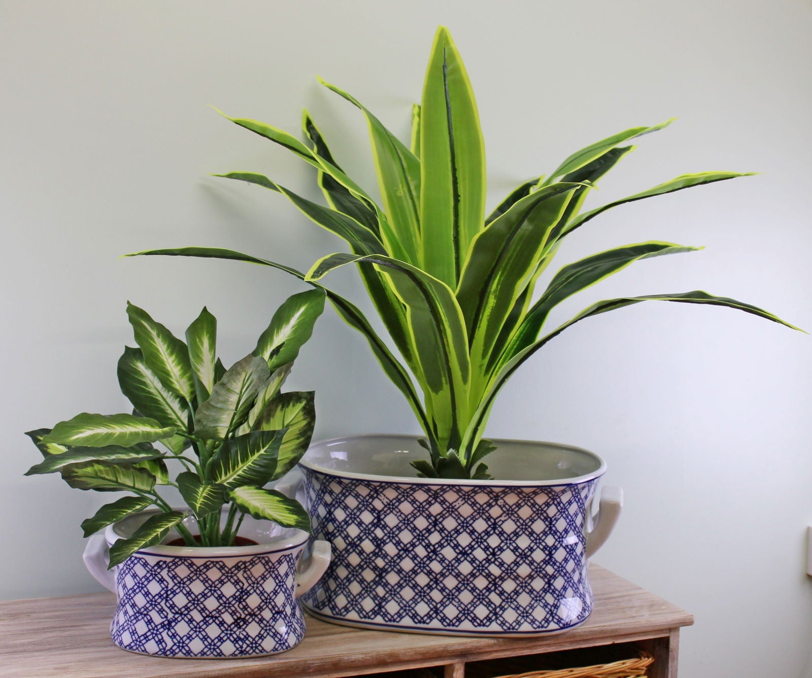 set-of-2-ceramic-footbath-planters-vintage-blue-white-geometric-designat Willow and Wine!