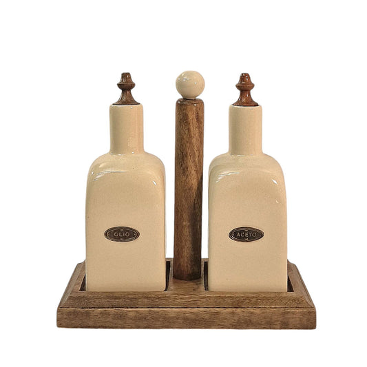 ceramic-oil-and-vinegar-olio-aceto-bottle-set-mango-wood-holderat Willow and Wine!