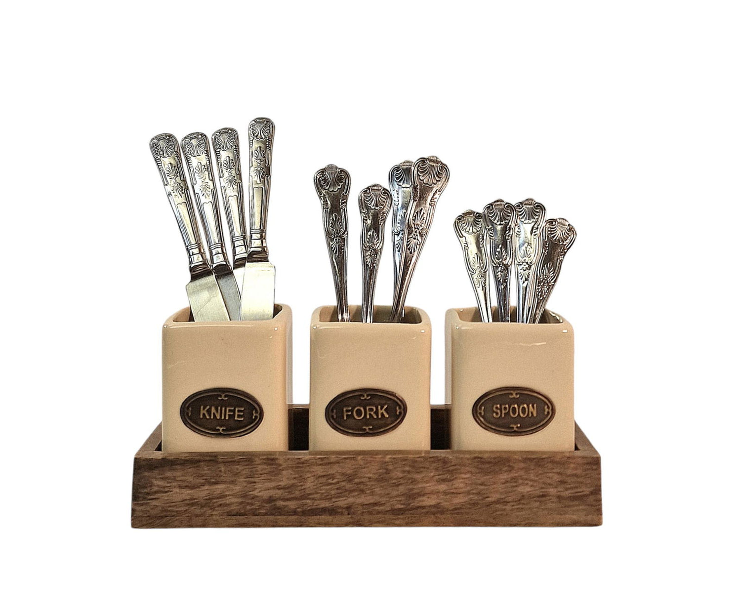 knife-fork-spoon-ceramic-holder-set-with-mango-wood-trayat Willow and Wine!