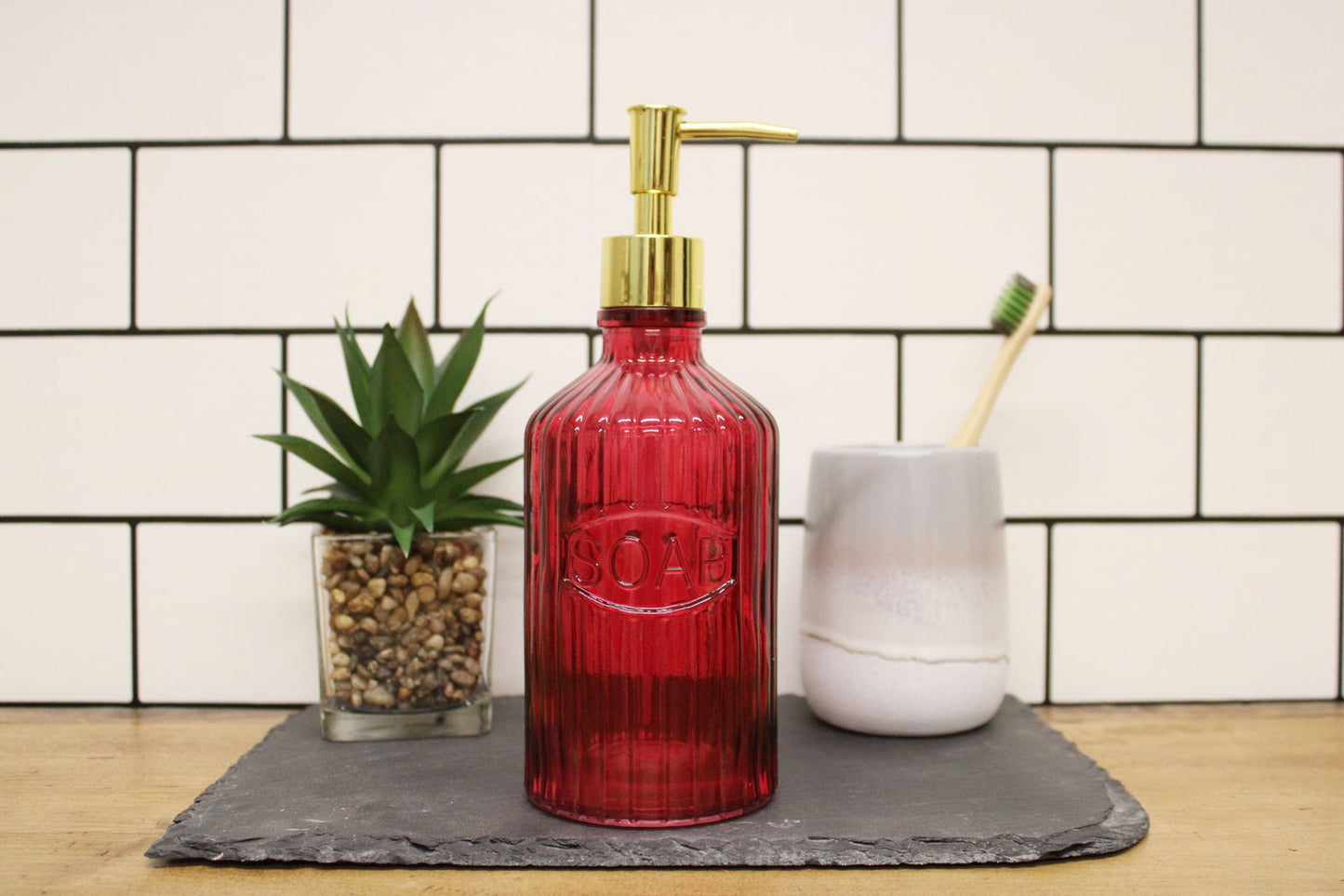 red-glass-soap-dispenserat Willow and Wine!