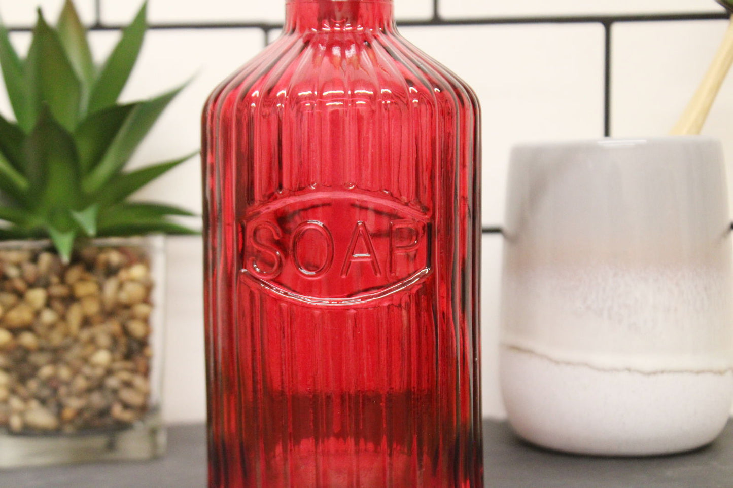 red-glass-soap-dispenserat Willow and Wine!