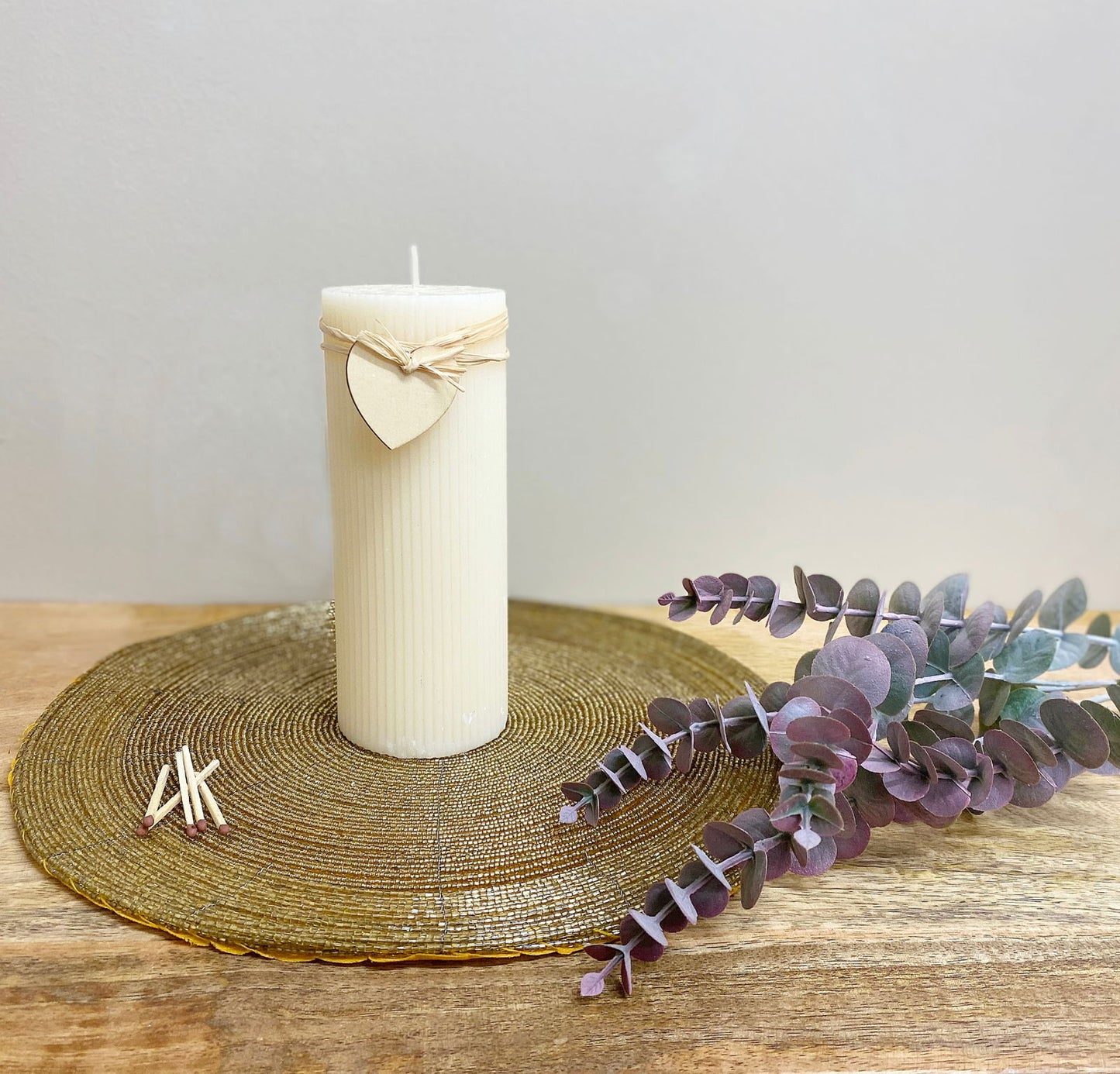 large-cream-ridged-pillar-candle-with-heart-decorationat Willow and Wine!