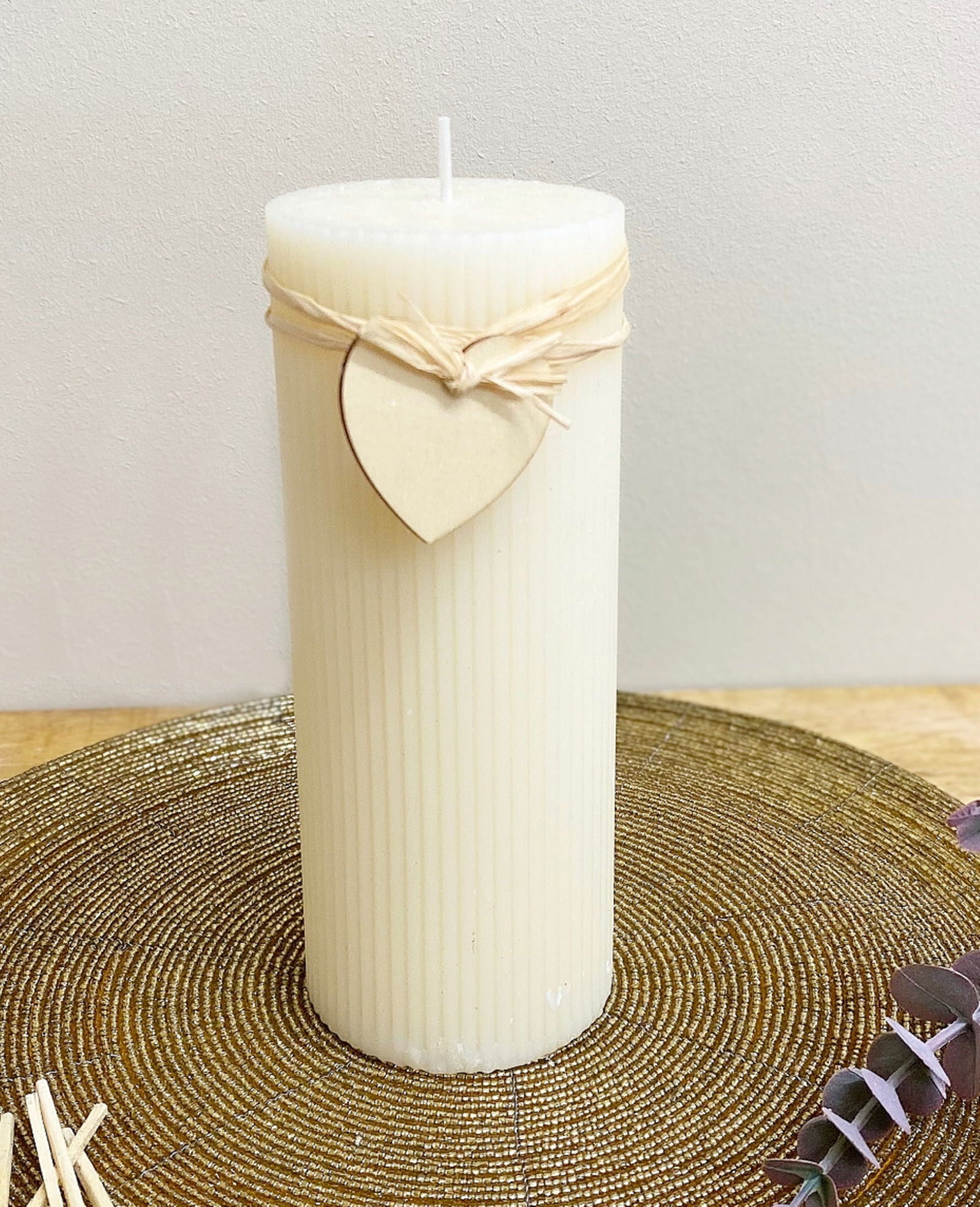 large-cream-ridged-pillar-candle-with-heart-decorationat Willow and Wine!