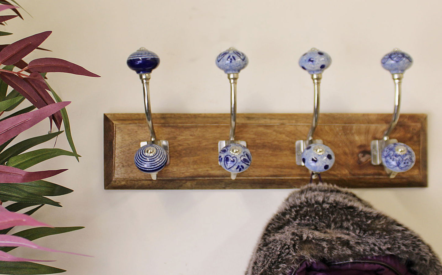 4-double-ceramic-blue-white-coat-hooks-on-wooden-baseat Willow and Wine!