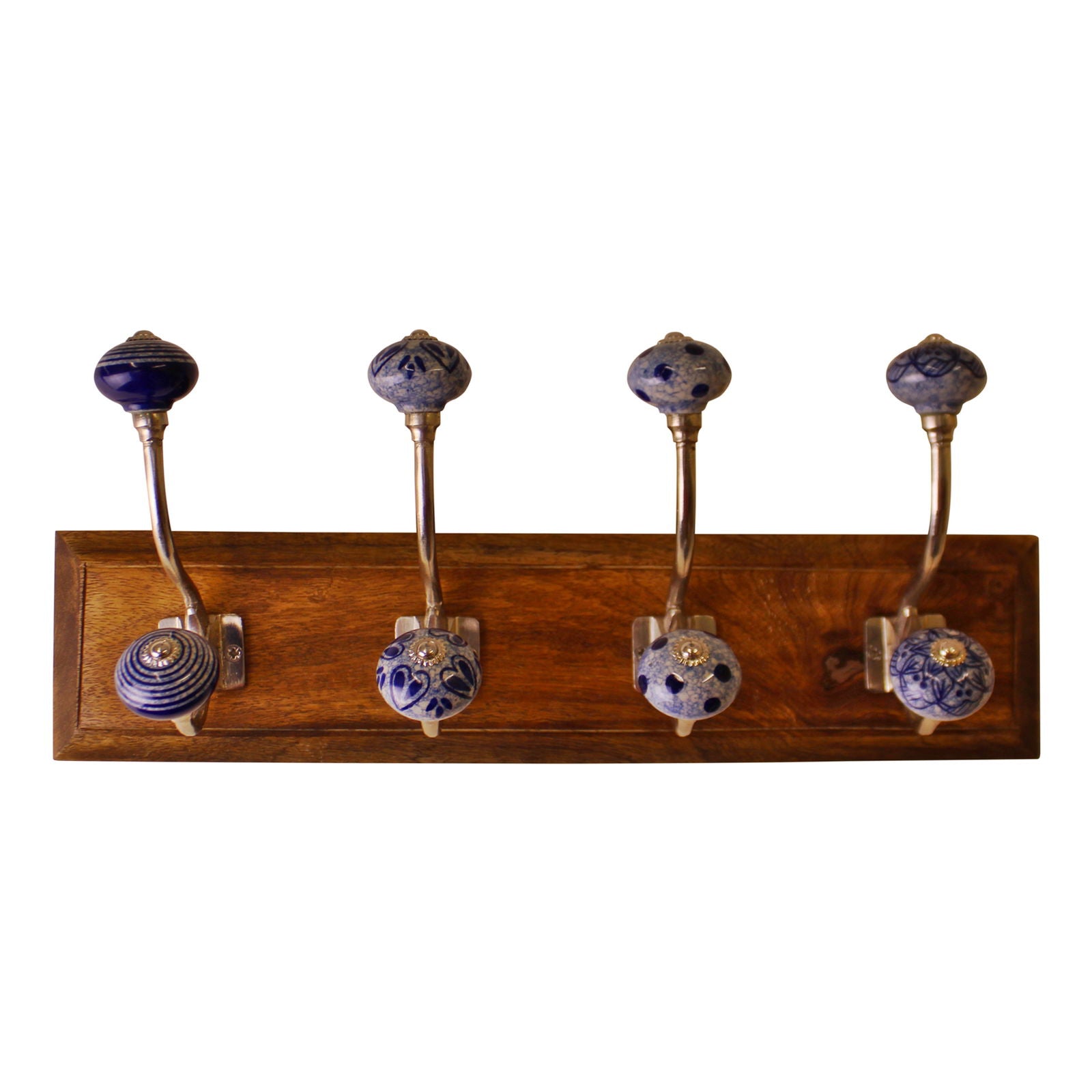 4-double-ceramic-blue-white-coat-hooks-on-wooden-baseat Willow and Wine!