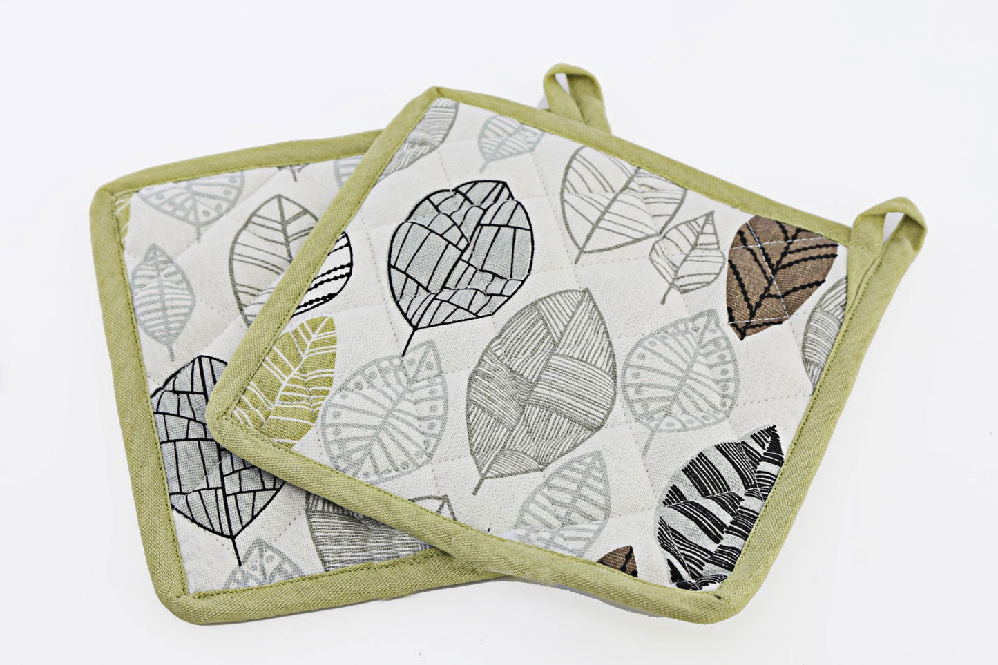 two-fabric-pot-or-pan-mats-with-contemporary-green-leaf-print-designat Willow and Wine!