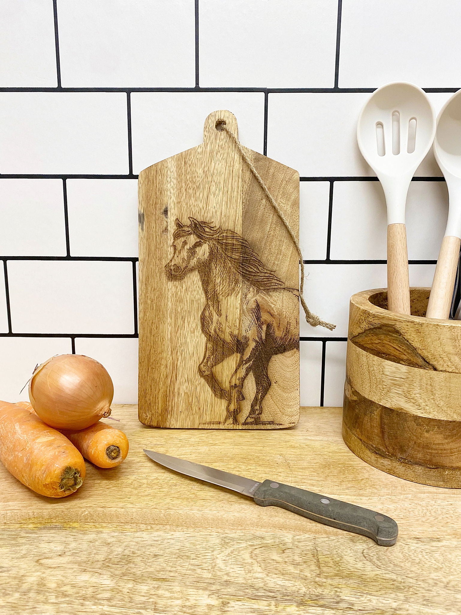 horse-engraved-wooden-cheese-boardat Willow and Wine!