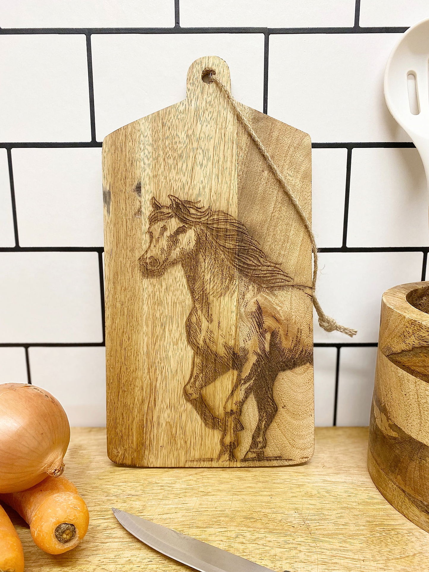 horse-engraved-wooden-cheese-boardat Willow and Wine!