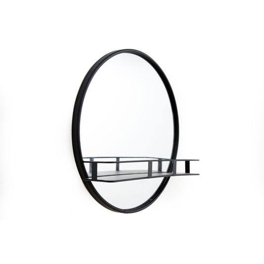 circular-black-metal-framed-mirror-with-shelfat Willow and Wine!