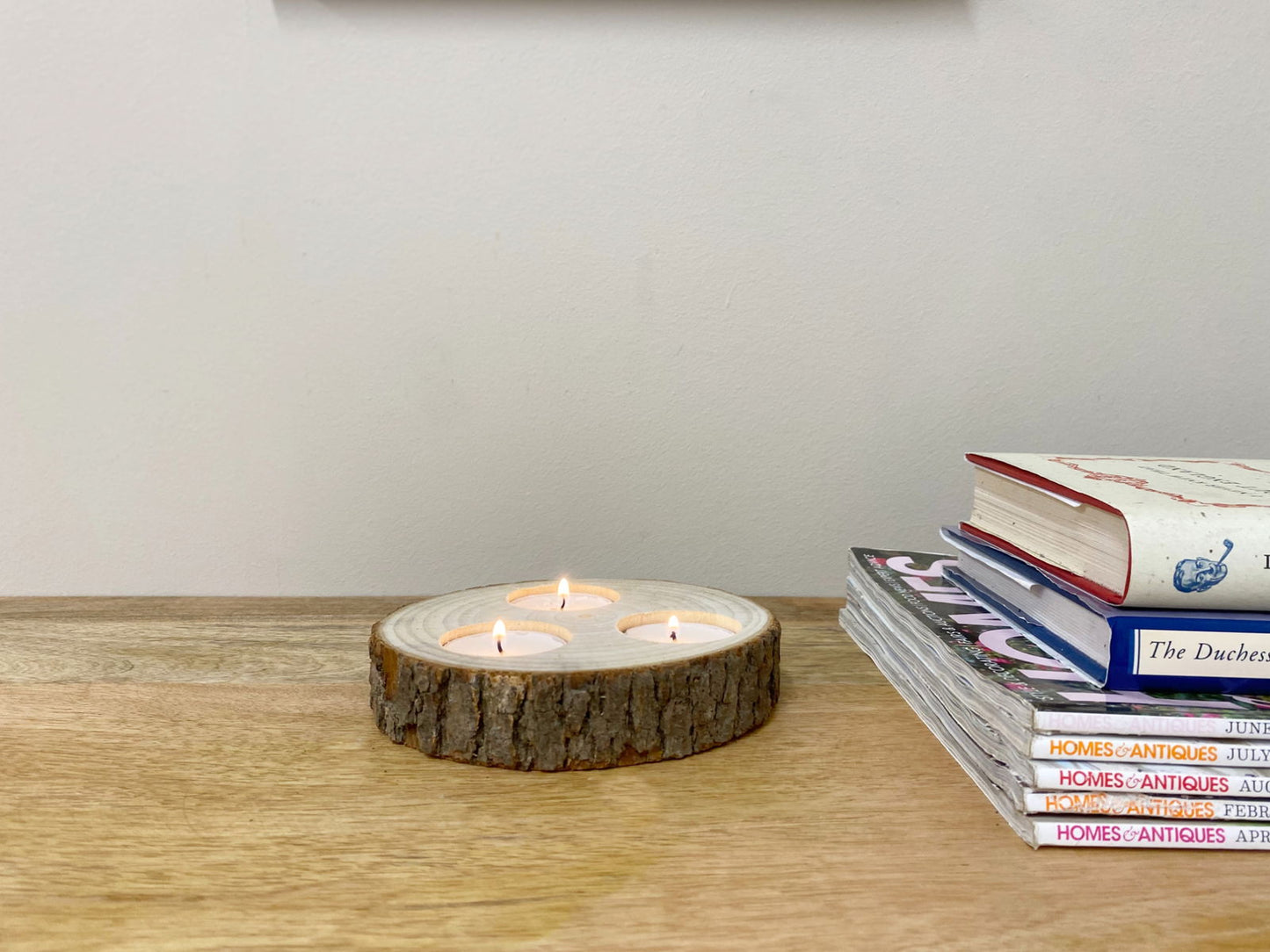 wooden-triple-tealight-holder-with-bark-detailat Willow and Wine!