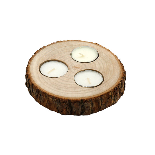 wooden-triple-tealight-holder-with-bark-detailat Willow and Wine!