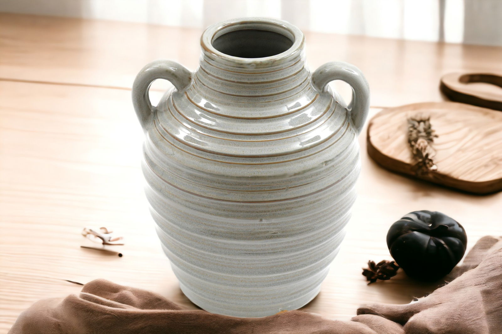 ceramic-grey-ribbed-vase-with-handles-20cmat Willow and Wine!