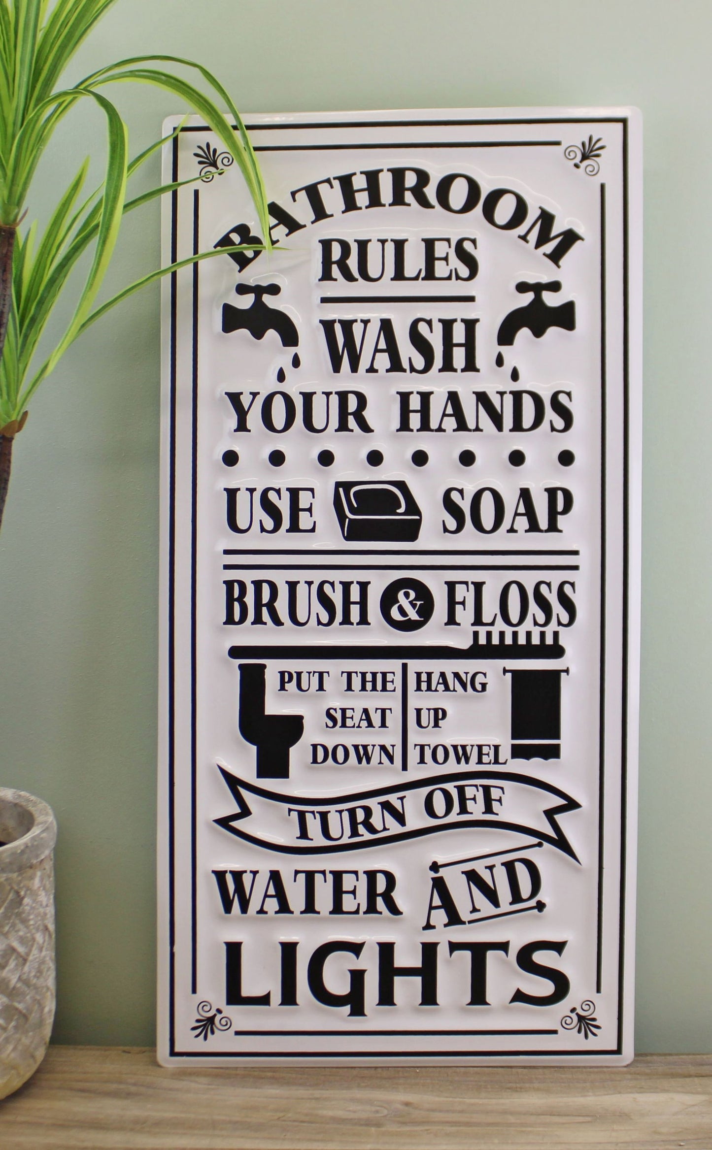 metal-wall-hanging-bathroom-rules-plaque-60x30cmat Willow and Wine!